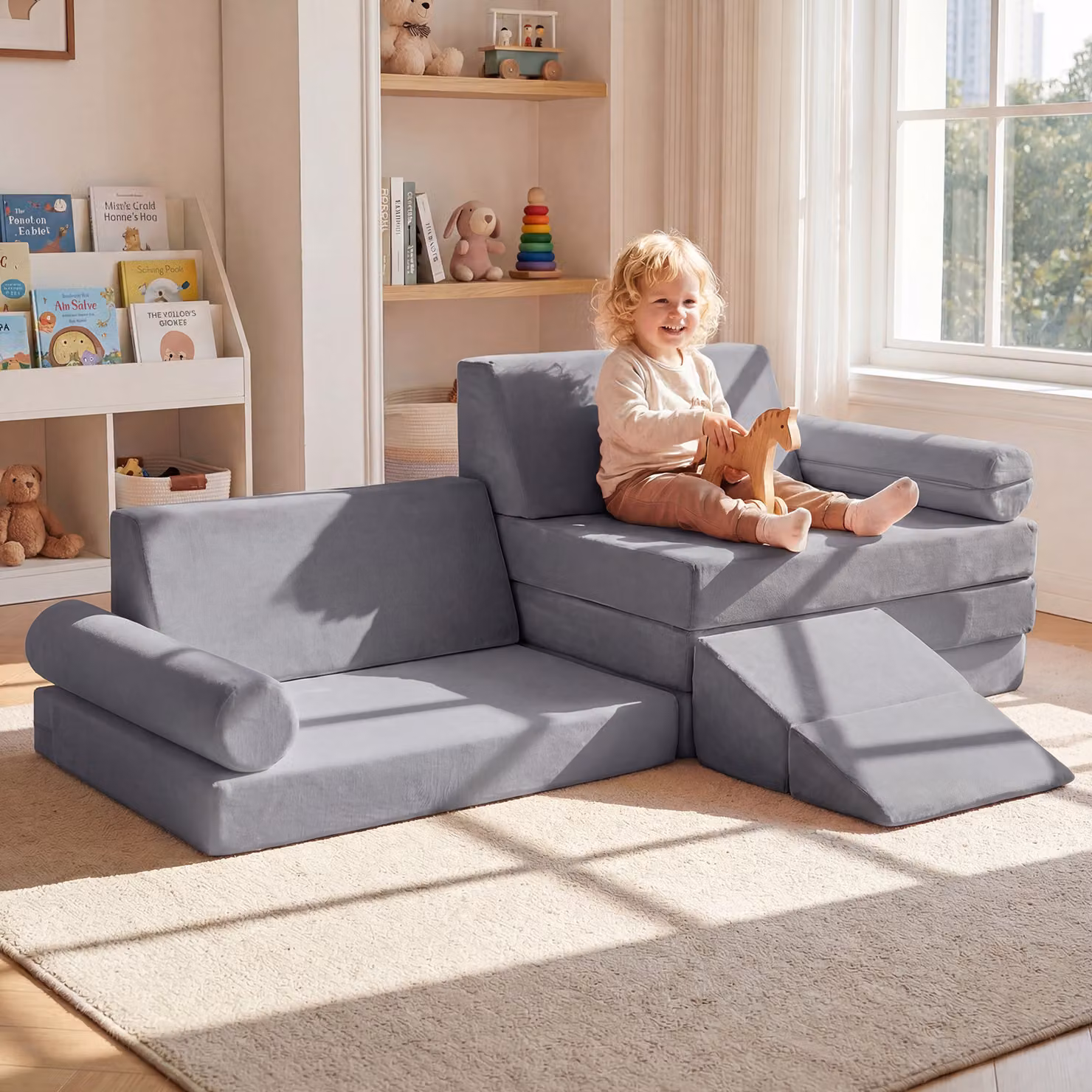 Divano componibile per bambini Costway in velluto, set modulare da 10 pezzi, Grigio