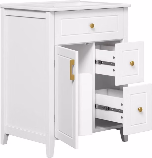 Mobile Bagno 61x47x87 cm Bianco con Lavabo Ceramico, Cassetti, Soft-Close e Maniglie Dorate