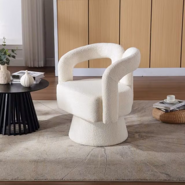 Sedia girevole 360 WISHDOR in bouclé beige con seduta imbottita e base in metallo e legno