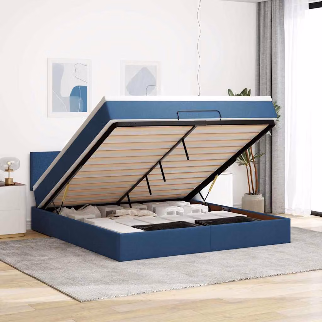 vidaXL Struttura Letto con Materasso e Pouf Blu, con Base a Sollevamento, Illuminazione Sottostante e Porte USB, L/P/H: 160 x 200 x 88 cm – 1