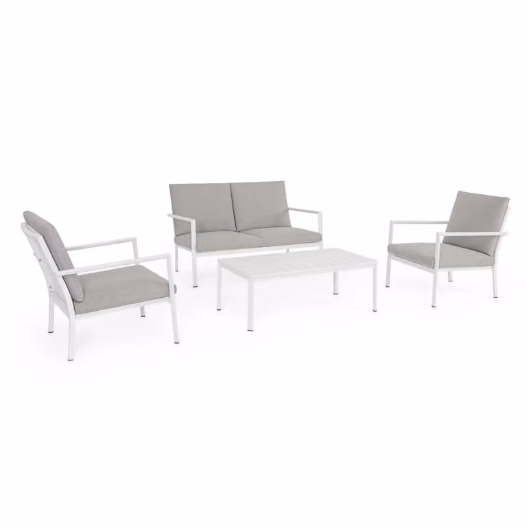 Set salotto da giardino KONNOR in textilene con cuscini e struttura in alluminio bianco, 4 pezzi