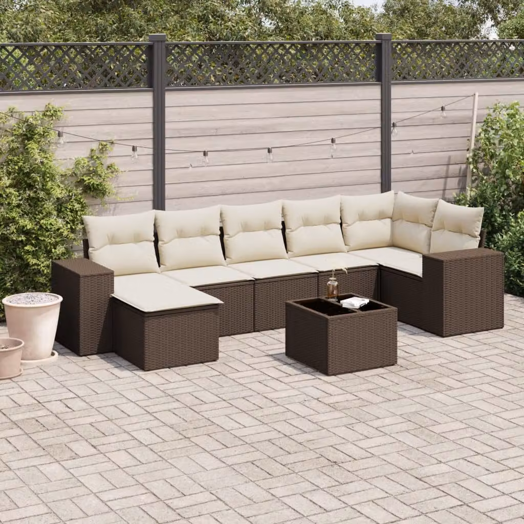 Set di divani da giardino vidaXL in polyrattan marrone con cuscini e tavolino da esterno 8 pz – 1