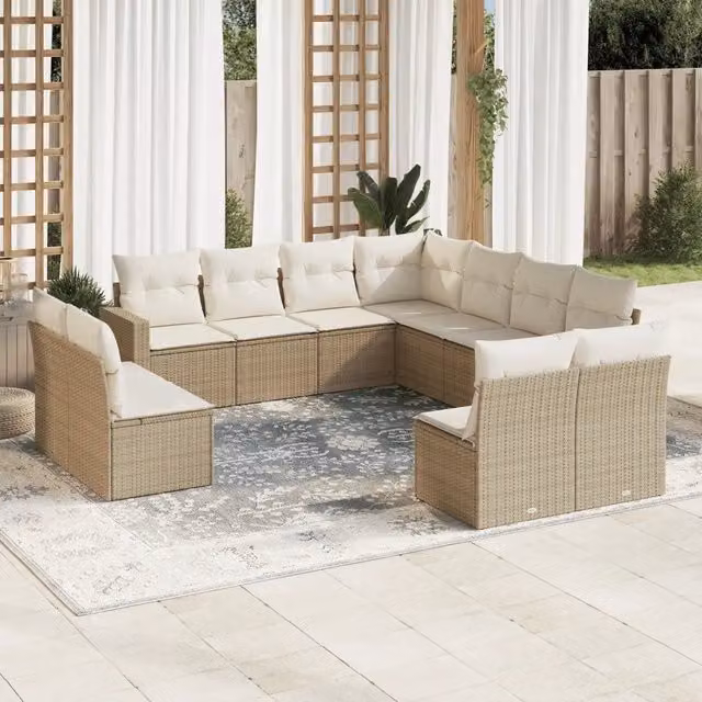 Set di divani da giardino VIDAXL in polyrattan con cuscini beige, 11 pezzi – 1