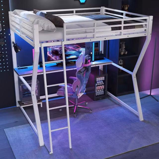 Letto a soppalco OKWISH bianco con scrivania, ripiano computer, porta USB e luce LED, L/P: 140 x 200 cm