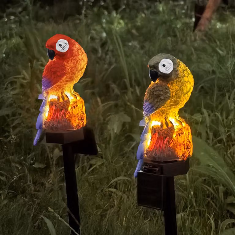 2 luci solari per giardino a forma di pappagallo, 42 cm, luce bianco caldo, colore rosso, materiale: resina