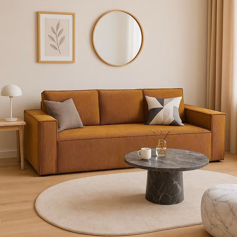 Divano letto marrone chiaro senape GUTTO CORDA in tessuto a coste con funzione letto - Design moderno in colori alla moda