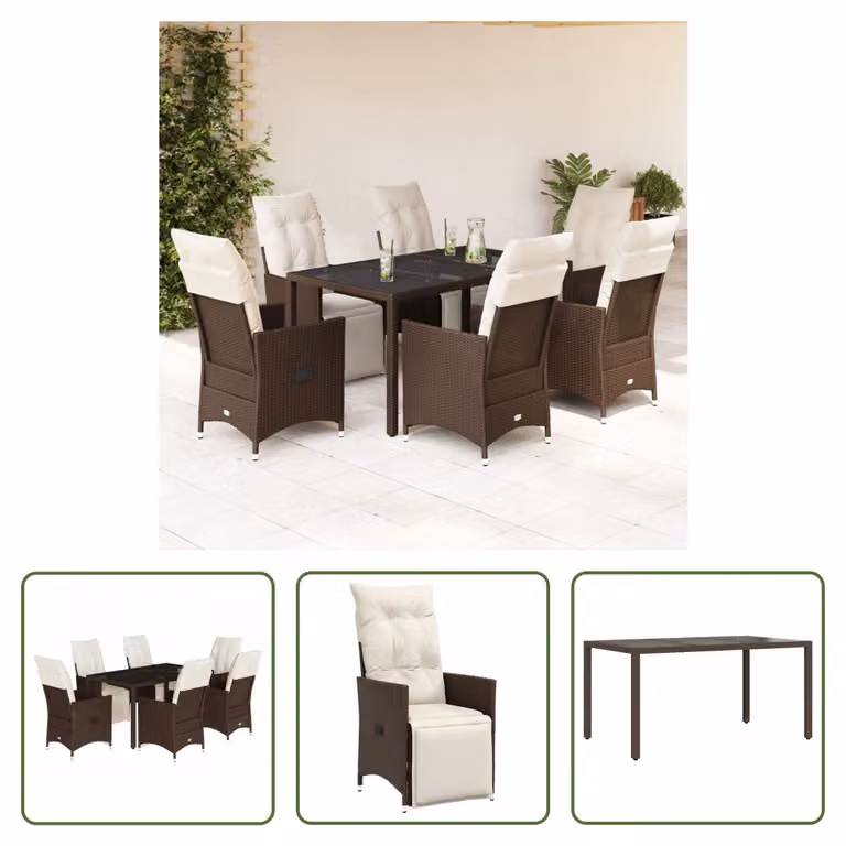 The Living Store Set bistrot da giardino 7 pezzi con cuscini in poly rattan marrone