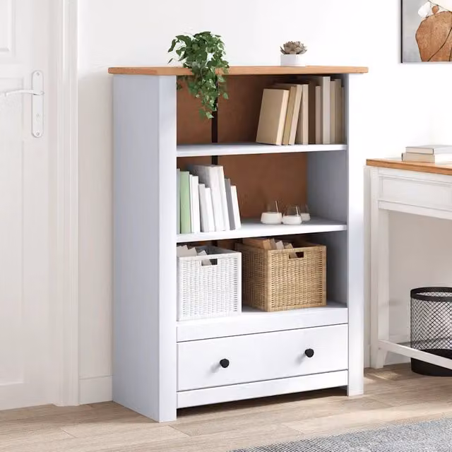 Libreria in pino massello vidaXL bianca e marrone per soggiorno L 80 cm, P 35 cm, H 110 cm – 1