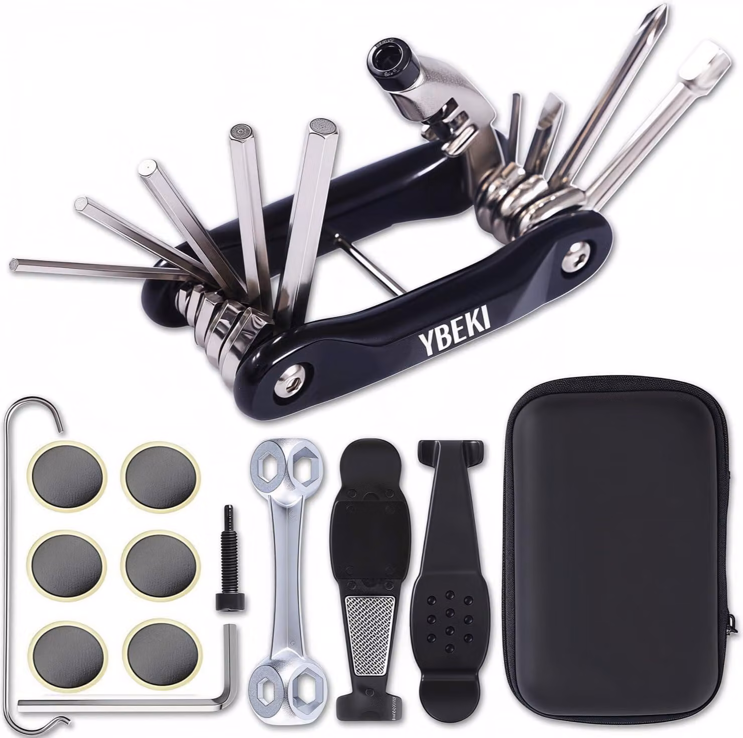 Kit di riparazione per biciclette multifunzione, 3-in-1: accendino per pneumatici con toppe autoadesive, attrezzo multifunzione con perni per catena e borsa da sella impermeabile per riparazioni