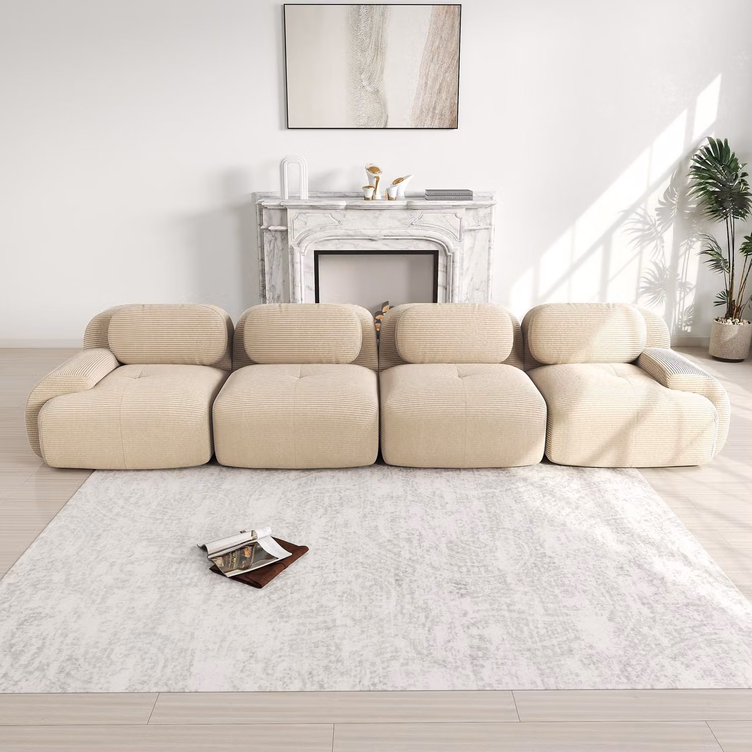 Divano Sweiko a 4 posti in morbido tessuto a coste, rivestimento altamente elastico 32D, adatto agli animali domestici ed ergonomico, confezionato sottovuoto, liberamente combinabile, senza montaggio per camera da letto e ufficio, beige