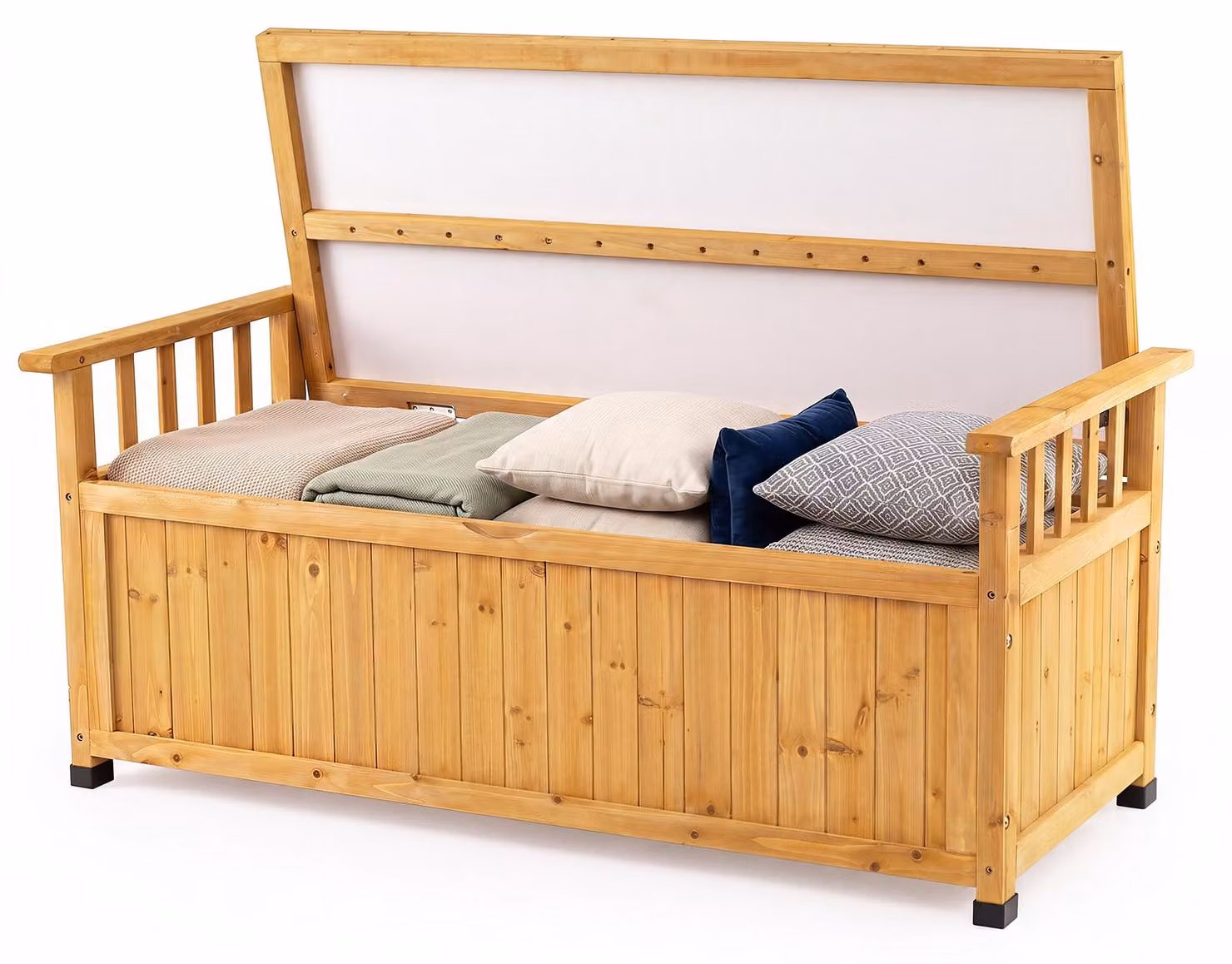 COSTWAY - Contenitore da giardino in legno da 155 litri, panchina da esterno con spazio contenitivo, ammortizzatore a gas e braccioli, panca da esterno resistente alle intemperie, scrigno da giardino, contenitore per cuscini
