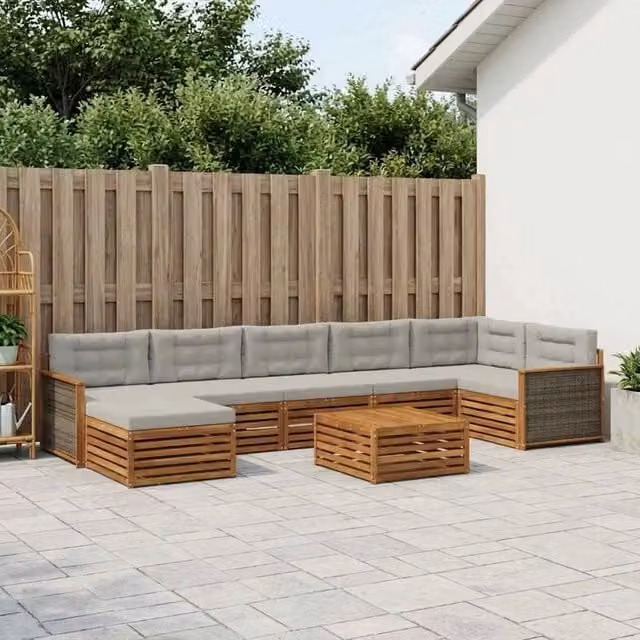 Set di divani da esterno vidaXL a forma di L composto da 8 pezzi in legno di acacia con cuscini, colore marrone e grigio chiaro – 1