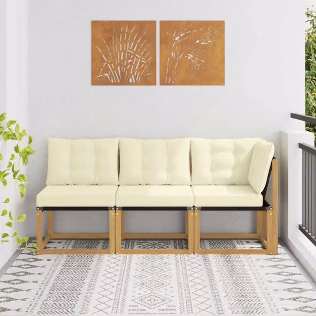 Set di divano modulare da esterno angolare vidaXL in legno di acacia e tessuto bianco, composto da 3 pezzi con cuscini inclusi