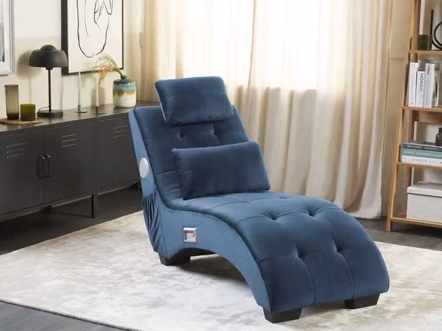Chaise longue BELIANI in velluto blu scuro con altoparlante Bluetooth integrato e caricabatterie USB, design moderno curvo L 157 cm x P 82 cm x H 66 cm