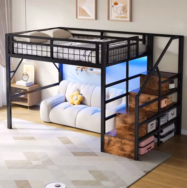 Letto a soppalco 140x200 cm con LED e scaletta contenitore