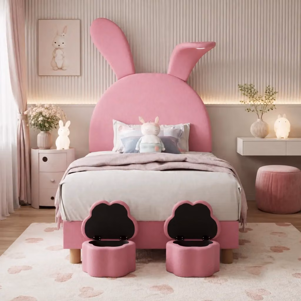 Letto imbottito Mivray in velluto rosa con due panche contenitore e illuminazione LED sotto il letto, L/P: 90 x 200 cm – 2
