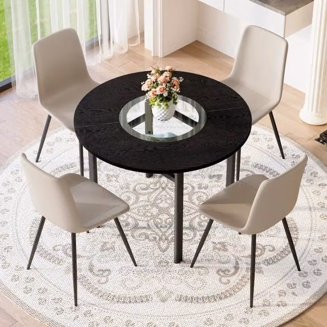 Set tavolo e sedie con tavolo rotondo e 4 sedie, ripiano in vetro, MDF metallo e pelle sintetica nero e grigio caldo