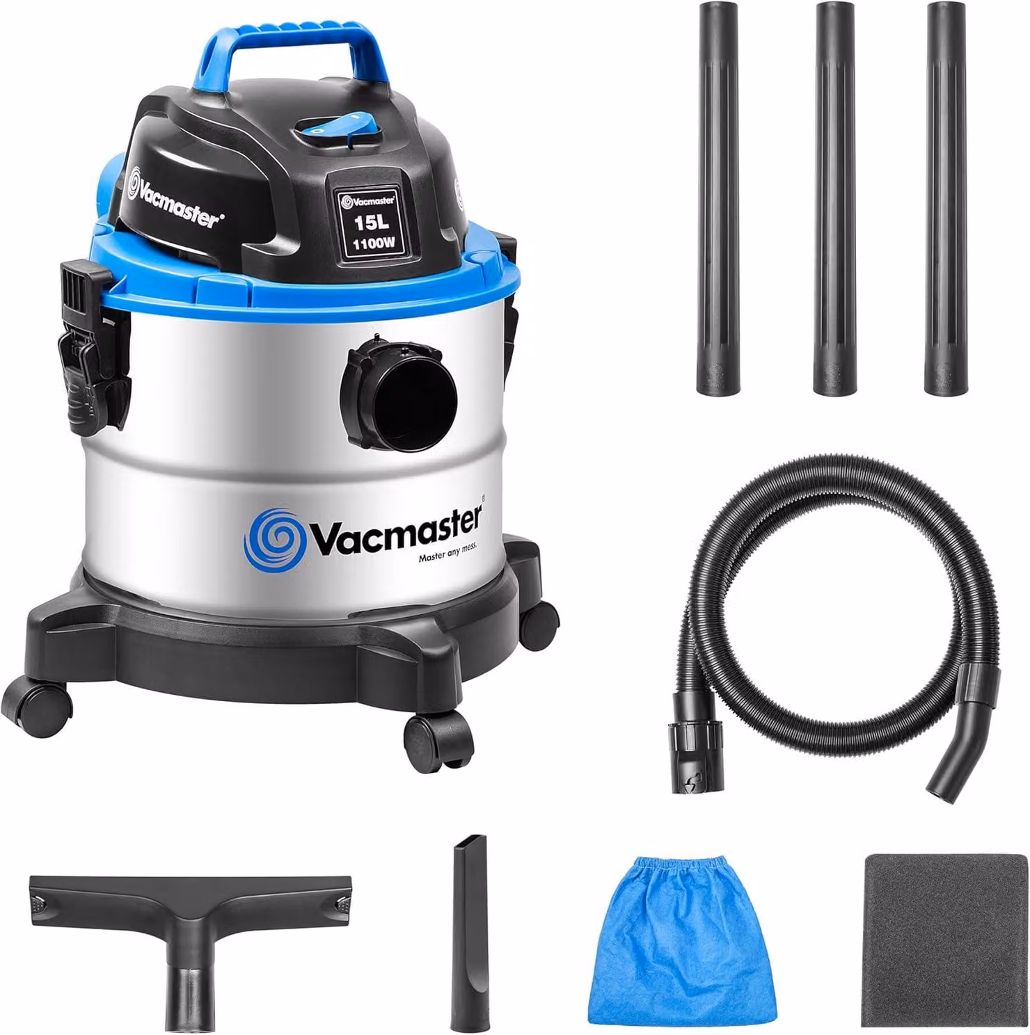Vacmaster VQ1115S Aspirapolvere per liquidi e solidi, aspirapolvere industriale, aspirapolvere con funzione di soffiaggio, aspirapolvere per pavimenti a secco e a umido senza sacchetto, 1100 W, 15 L