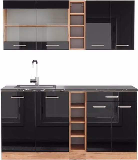 Cucina completa R-Line Vicco Nero lucido e Rovere dorato con piano antracite, L: 160 cm – 1