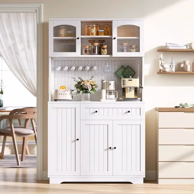 Credenza da cucina alta con vetrina, cassetto e ripiani regolabili, pannello forato, bianca, 103.5 × 40 × 180 cm