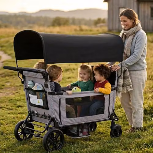 Carrozzina pieghevole Kinder con 4 posti a sedere e funzione reclinabile, tettuccio parasole, maniglia regolabile, ruote inPoliuretanoe spazio di stoccaggio, colore grigio chiaro