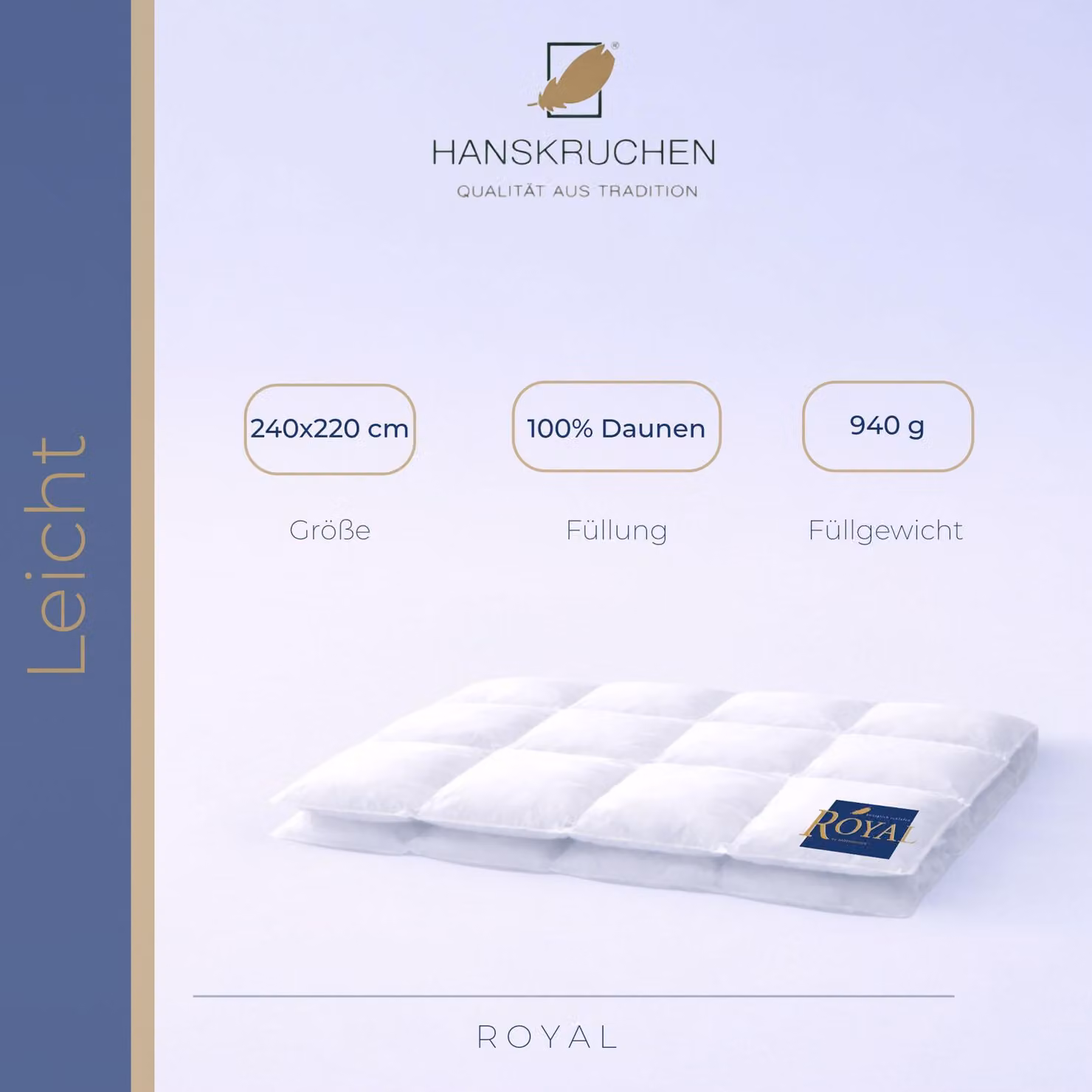 HANSKRUCHEN Royal piumino in piuma 240x220 cm leggero 100% piumino d'oca lavabile per allergici traspirante a cassette bianco