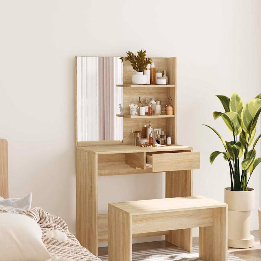 vidaXL Toeletta con Specchio in Rovere Sonoma, L: 74,5 cm, P: 40 cm, H: 141 cm