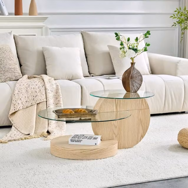 Tavolino da salotto 78.99x78.51x24.51 cm con ripiani multilivello in MDF e vetro; naturale