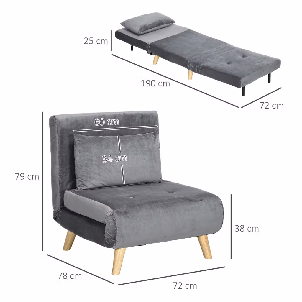 Poltrona letto reclinabile 2 in 1 WISHDOR in tessuto grigio con struttura in metallo e legno per soggiorno e camera da letto – 2