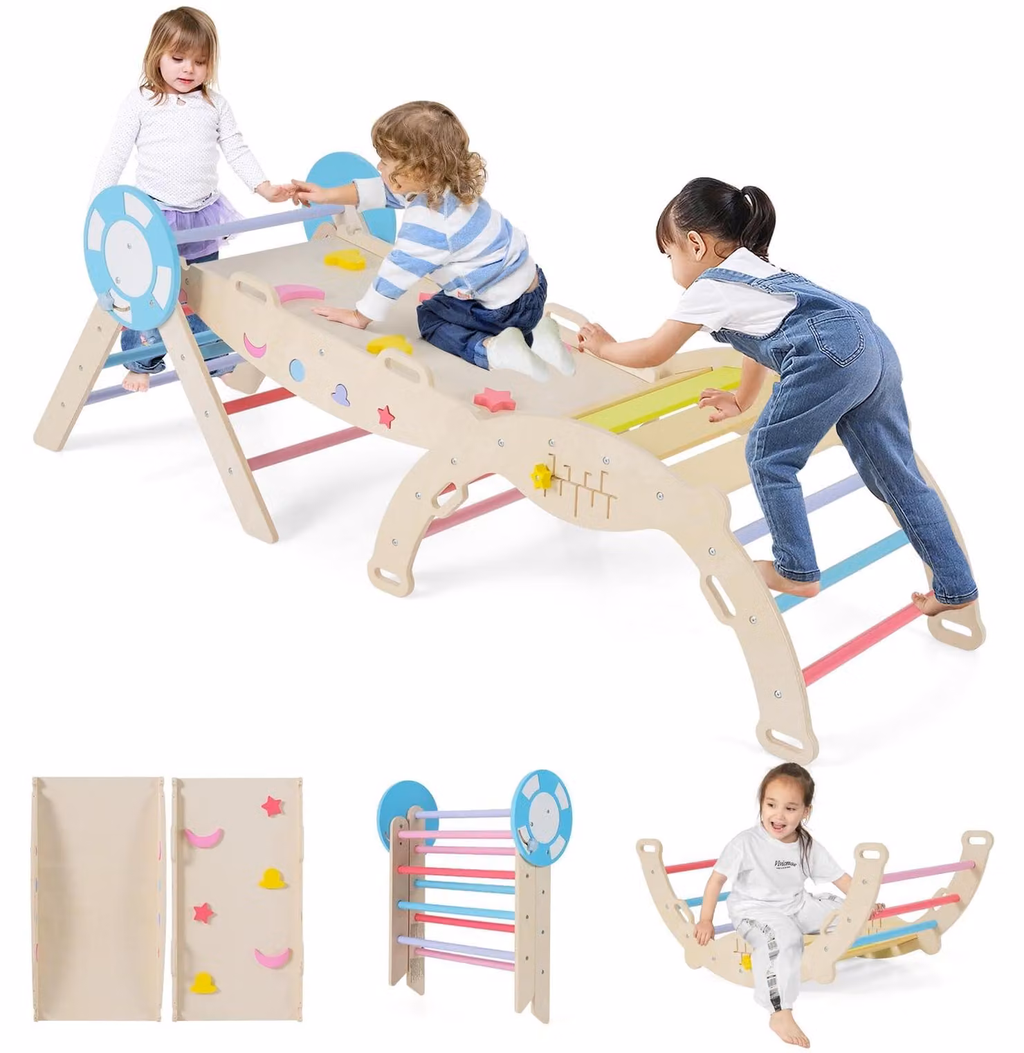 Struttura da gioco indoor 7 in 1 FANTASK, set da arrampicata a triangolo con scivolo, per arrampicata