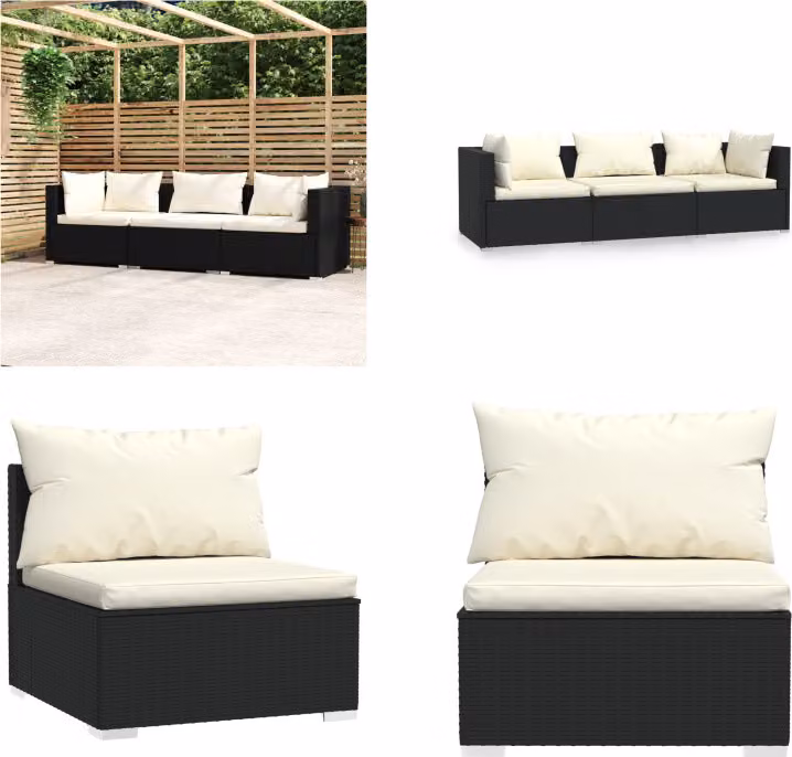 vidaXL divano a 3 posti con cuscini in polirattan nero - divano a 3 posti - divani a 3 posti - set di divani - set da salotto per patio