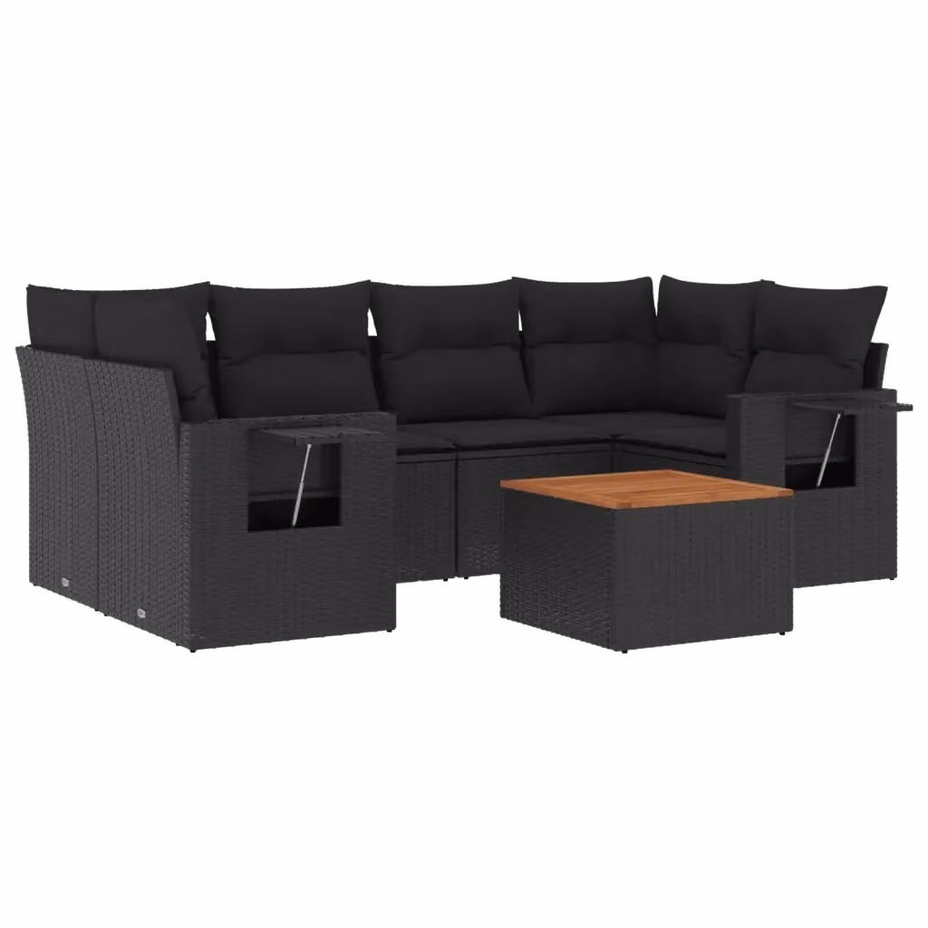 vidaXL Set Divani da Giardino a L con Cuscini 7pz Nero Polyrattan e Legno di Acacia – 2