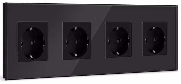 Prese multiple da parete, 299 mm, 4 prese Schuko, 16 A, vetro cristallo, colore nero, per uso domestico