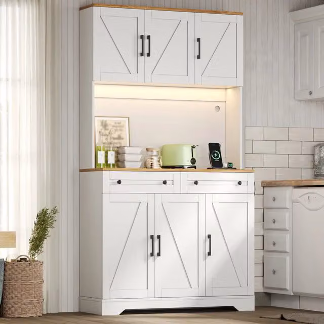 Armadio da cucina REDOM in MDF stile rustico con ante a battente e illuminazione LED integrata, Bianco e Beige, L: 100 cm, P: 40 cm, H: 180 cm