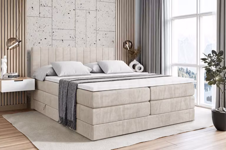 Letto boxspring ALTDECOR con 2 materassi e topper - 160x200 cm - EDITA KING - Velluto color crema - Letto imbottito con materassi H3 e H4, contenitore e rete a doghe, letto con spazio contenitivo