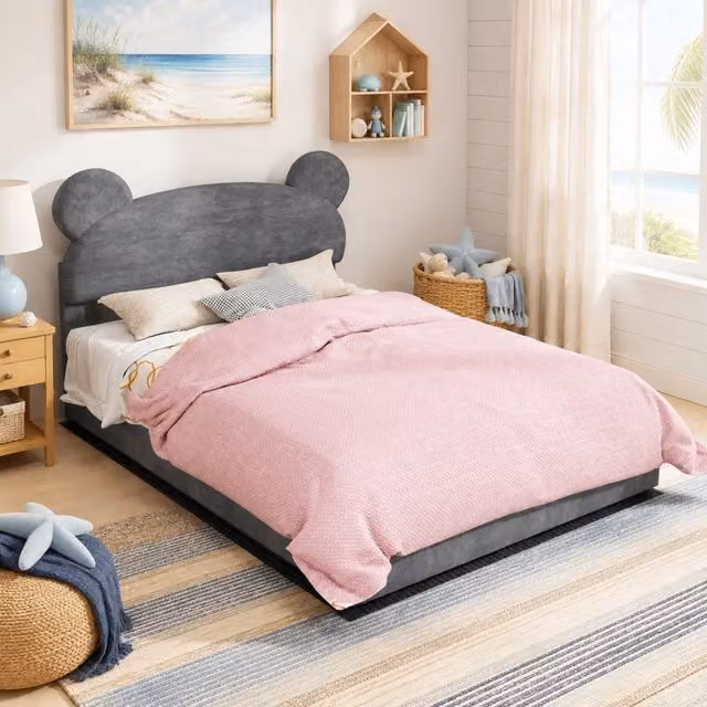 Letto imbottito 140x200 cm con contenitore a sollevamento pneumatico; testiera sagomata grigia