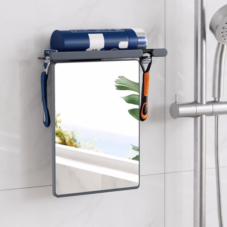 TAILI Specchio da bagno, specchio anti-appannamento, specchio con ventosa, specchio da bagno senza appannamento con supporto, montaggio a parete senza fori e removibile, infrangibile, accessori per il bagno, colore grigio