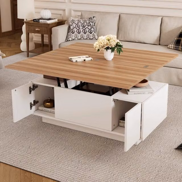 Tavolino basso sollevabile con doppio piano e vano contenitore, 2 ante, per soggiorno, in truciolare, bianco, 100 × 50 × 55,5 cm
