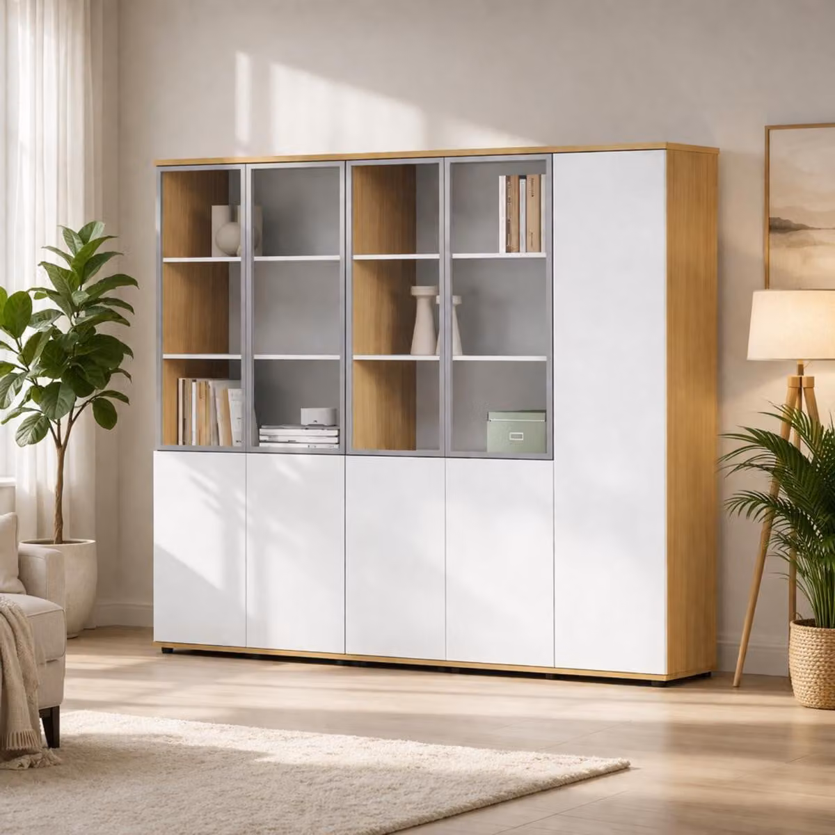 Elegante libreria in legno con ripiani in vetro trasparente