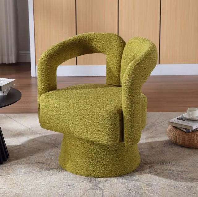 Poltrona girevole ULEVR 360¡ã in boucl¨¦ verde oliva, imbottita con base in metallo, portata 150 kg