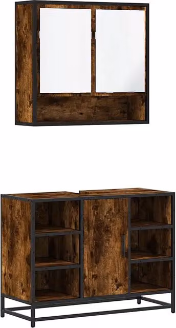 Set Mobili da Bagno | Armadio da bagno 2 pz Rovere Fumo in Legno Multistrato
