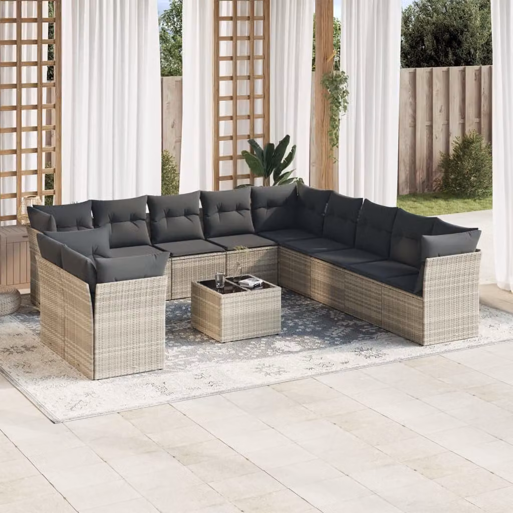 vidaXL Set Divano da Giardino a L in Polyrattan Grigio con Cuscini e Tavolino da Esterno – 1