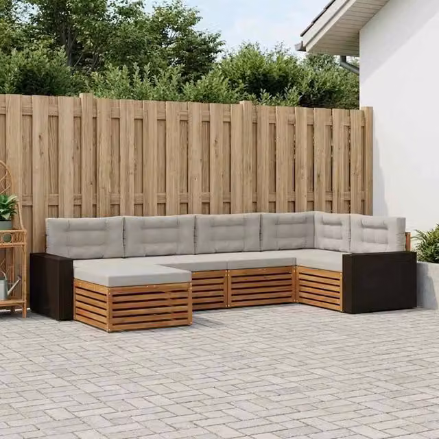 Set di divani da esterno a L vidaXL in legno di acacia con cuscini beige e grigi, composto da 6 pezzi con ottoman incluso – 1