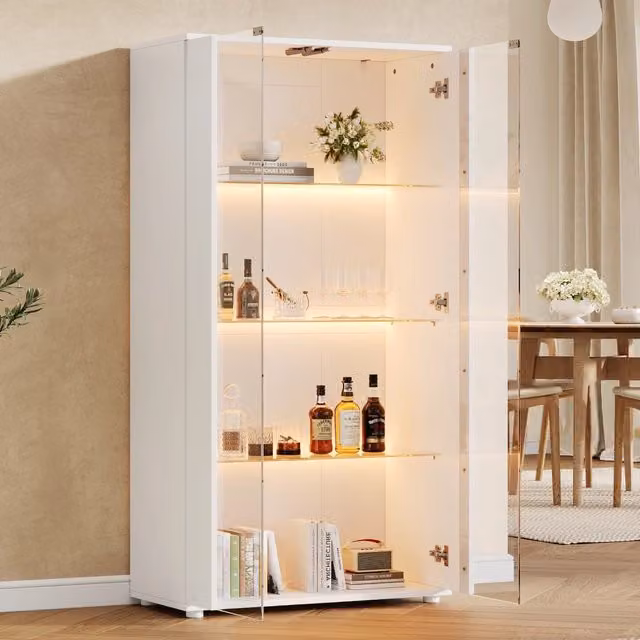 Vetrina moderna MIVRAY bianca con 2 ante in vetro, 4 ripiani interni e illuminazione LED regolabile, L 80 cm x P 36 cm x H 150.5 cm
