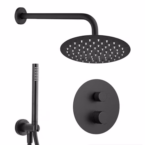 Set doccia incasso nero opaco con braccio e soffione 30 cm, kit doccia con doccino in ottone, presa acqua e supporto, GEMINI