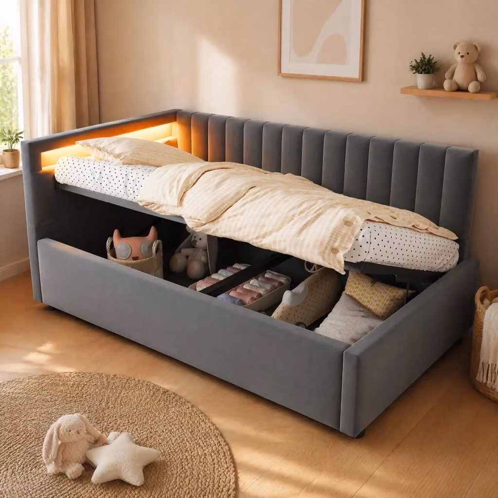 Letto Divano REDOM imbottito in velluto grigio con contenitore e illuminazione LED L/P/H: 90 x 200 cm – 2