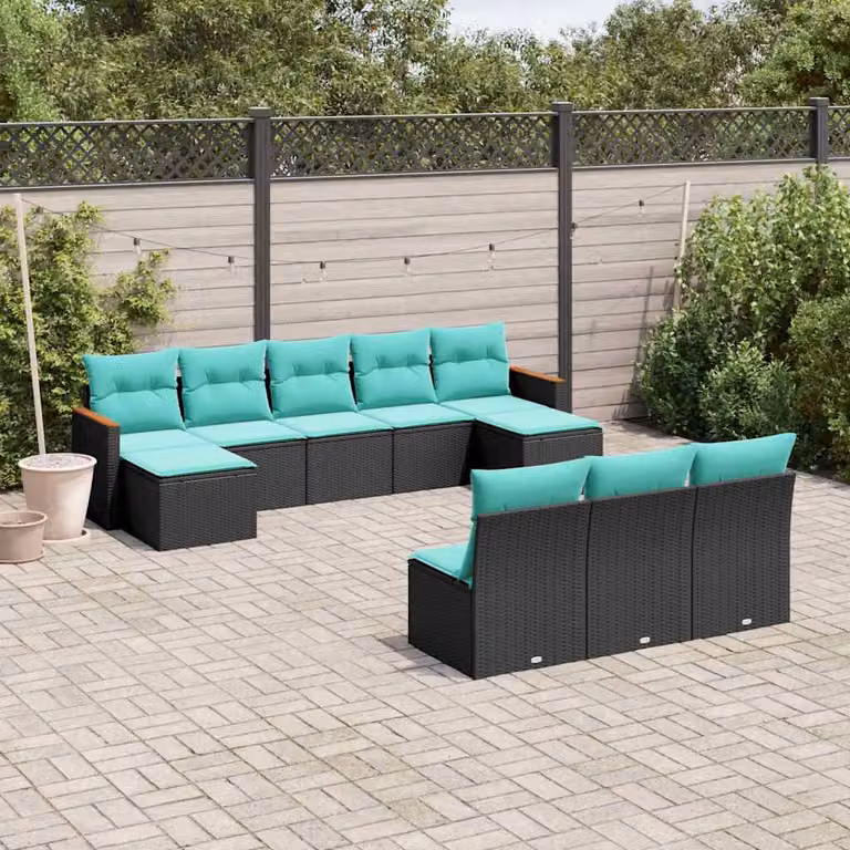 Set di divani da giardino vidaXL in polyrattan nero con 10 pezzi e cuscini inclusi