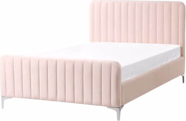 Letto matrimoniale in velluto con testiera trapuntata gambe in metallo da 120 x 200 cm e base a doghe rosa pastello Design moderno