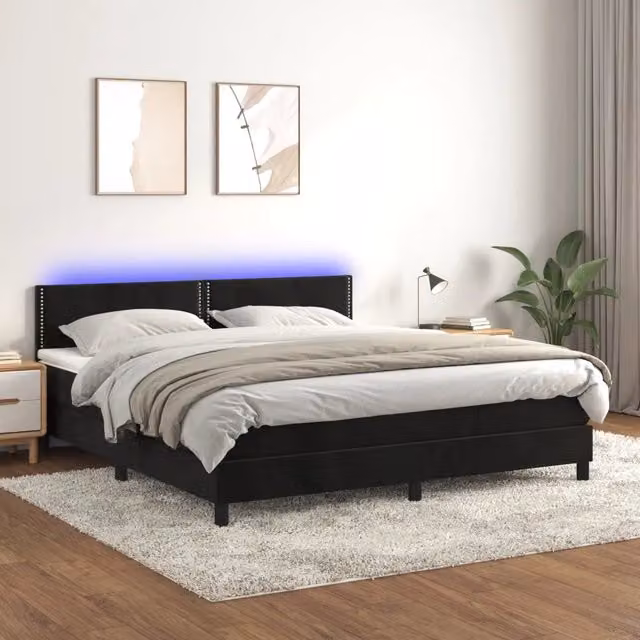 Letto Ibrido vidaXL in Velluto Nero con Materasso, Illuminazione LED Sotto il Letto e Porte USB, L/P: 180 x 200 cm