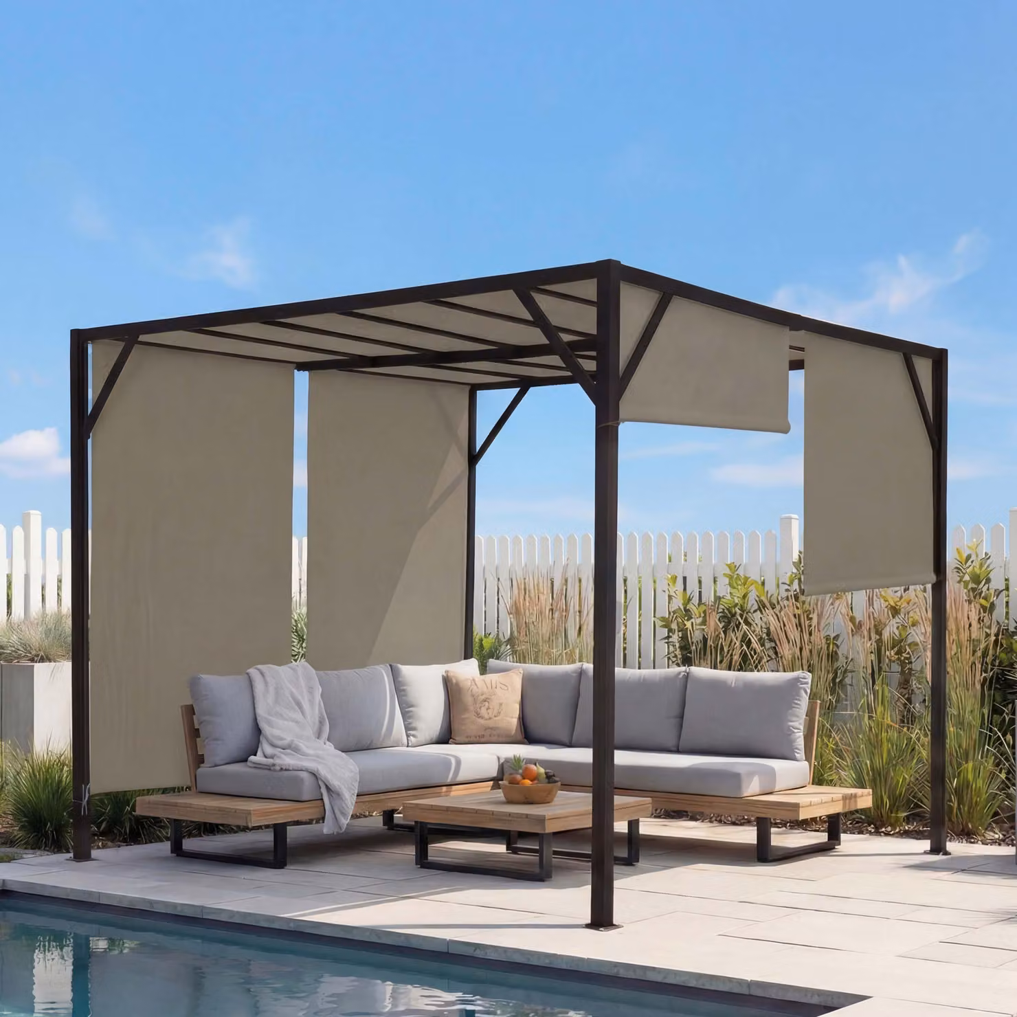 Pergola Baia, tetto a padiglione da giardino, robusta struttura in acciaio da 6 cm + tetto scorrevole color tortora ~ 3x3m